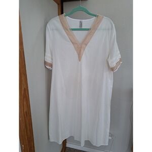 Noracora White Shift Dress XL Tan Crochet Lace V-Neck Short Sleeve Beach Coverup